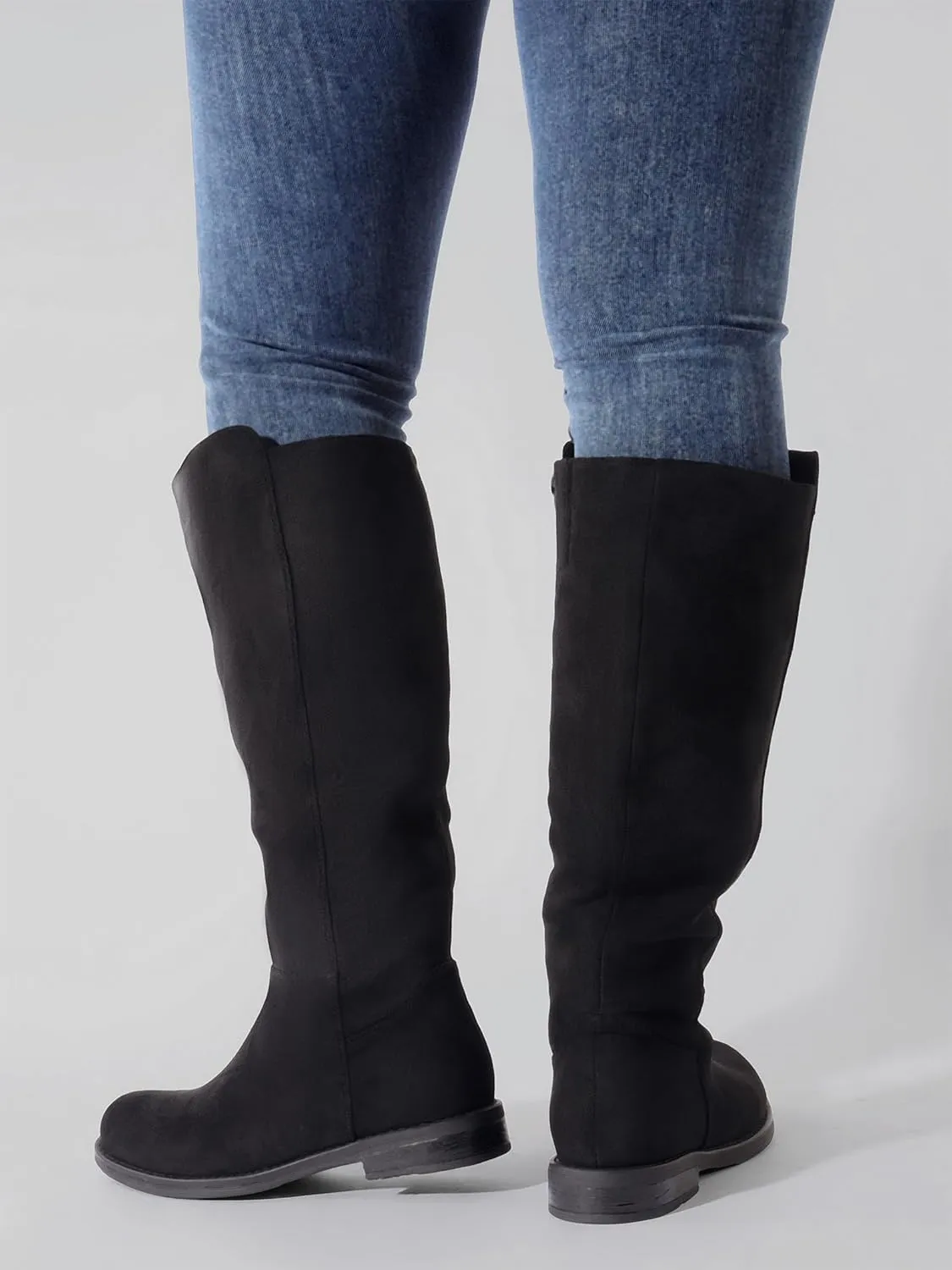 Shoe'N Tale Wide Calf Knee High Boots for Women Flat Low Heel Width Stretchy Round Toe with Side Zipper Fall and Winter Fashion Comfortable