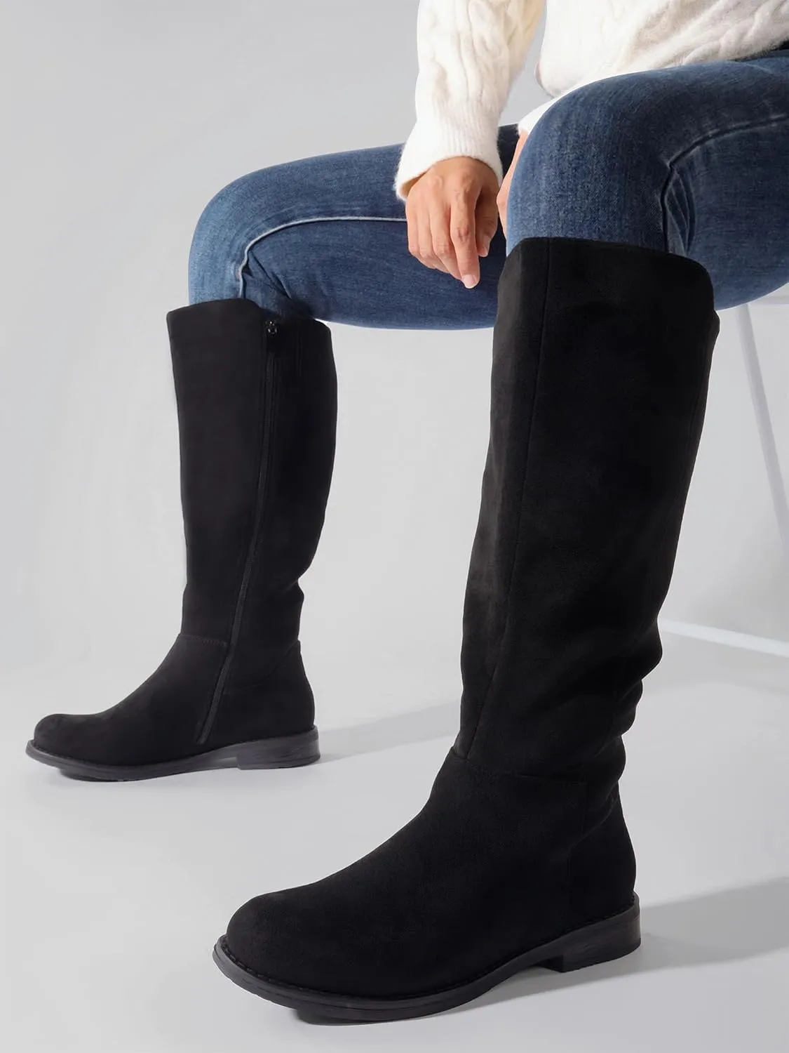 Shoe'N Tale Wide Calf Knee High Boots for Women Flat Low Heel Width Stretchy Round Toe with Side Zipper Fall and Winter Fashion Comfortable