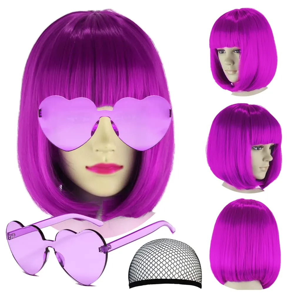 Short Bob Hair Wigs Straight with Flat Bangs Synthetic Colorful Cosplay Daily Party Neon Wig for Women   Free Wig Cap 17" Natural As Real