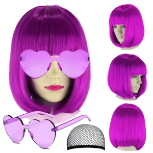 Short Bob Hair Wigs Straight with Flat Bangs Synthetic Colorful Cosplay Daily Party Neon Wig for Women   Free Wig Cap 17" Natural As Real