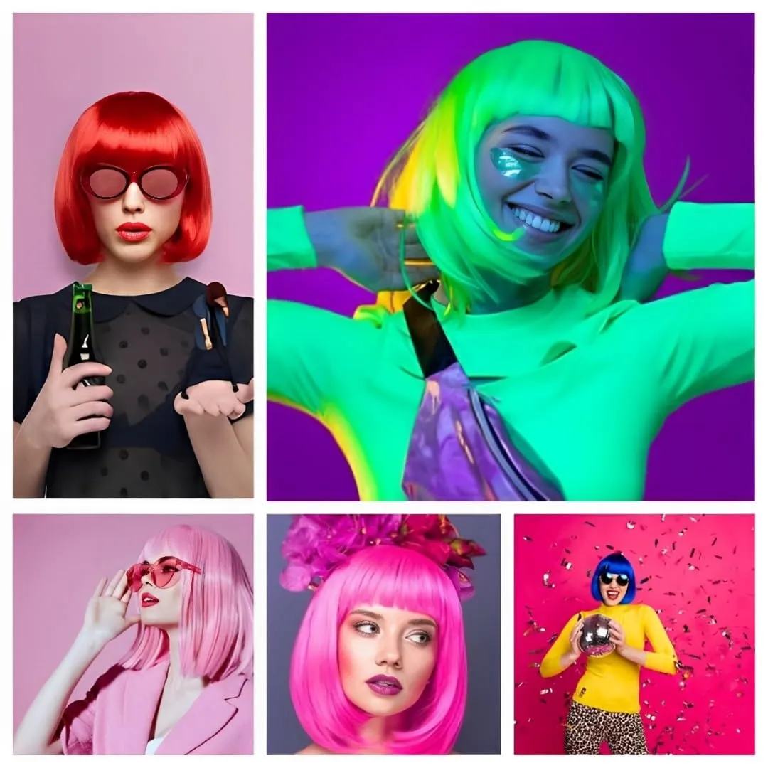 Short Bob Hair Wigs Straight with Flat Bangs Synthetic Colorful Cosplay Daily Party Neon Wig for Women   Free Wig Cap 17" Natural As Real