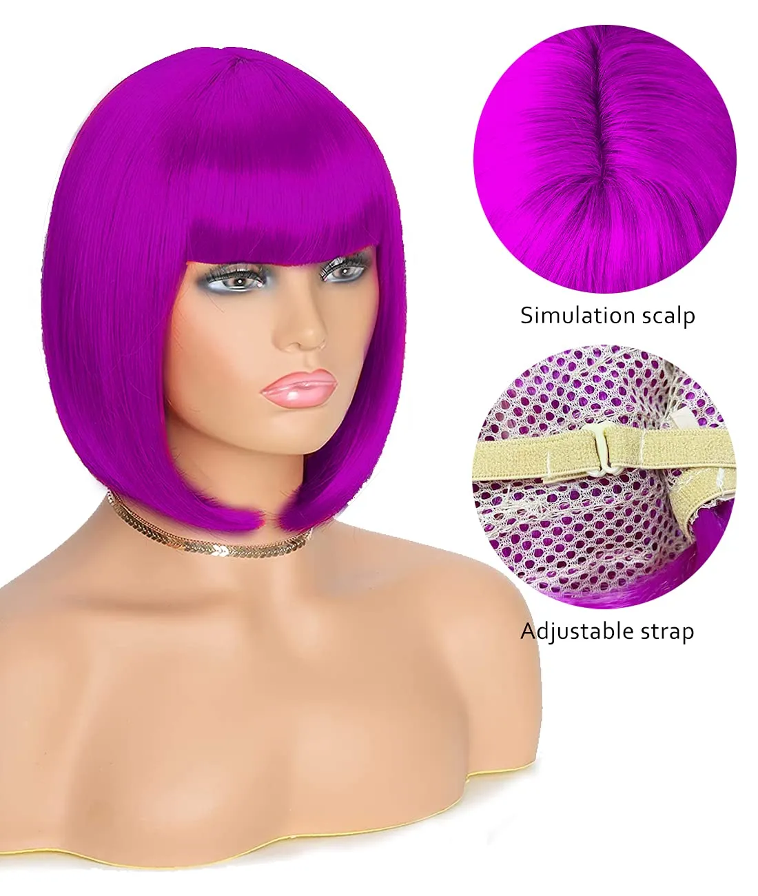 Short Bob Hair Wigs Straight with Flat Bangs Synthetic Colorful Cosplay Daily Party Neon Wig for Women   Free Wig Cap 17" Natural As Real