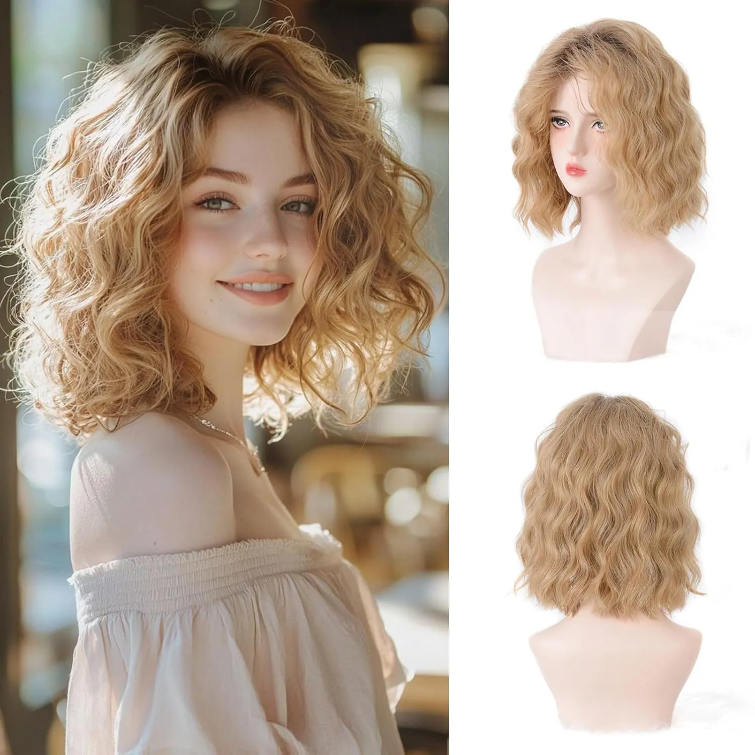 Short Ombre Blonde Wavy Wigs for Women 14 Inch Shoulder Length Curly Wavy Bob Wig Synthetic Natural Hair Wig for Daily Party Use (blonde, 14 inch)