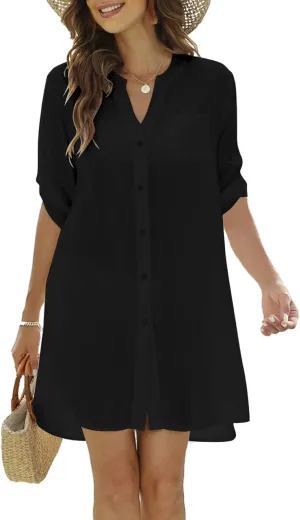 SimpleFun Women's Swimsuit Cover Ups 3/4 Sleeve Button Down Shirt Bathing Suit Beach Dresses