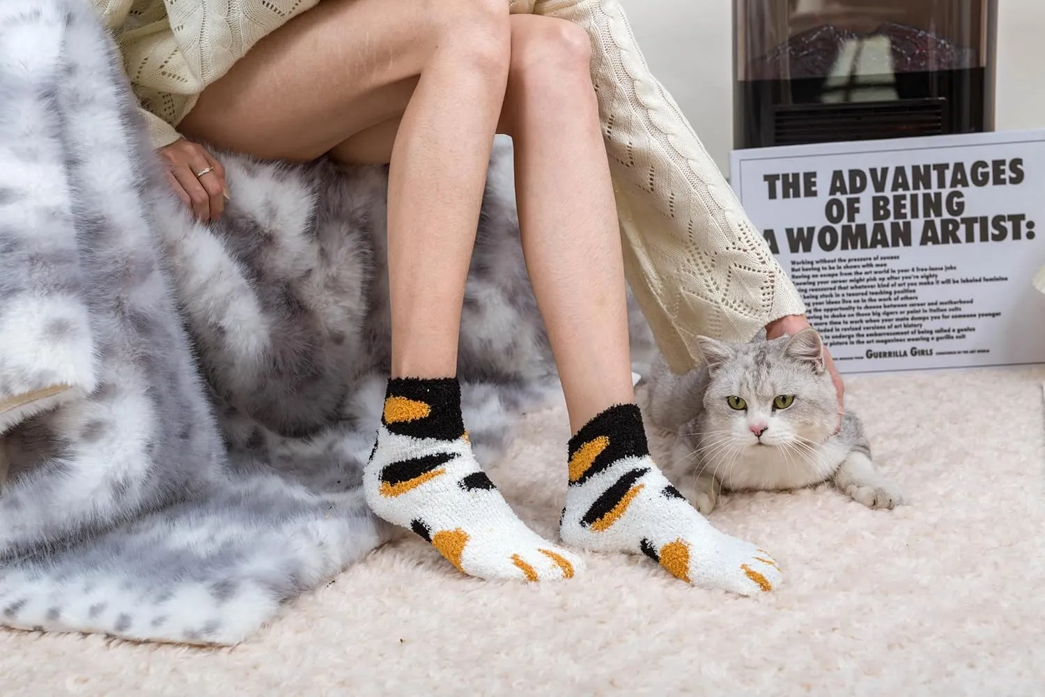 SISOSOCK Fuzzy Socks for Women Cute Cat Paw Socks Women Winter Fluffy Cozy Slipper Socks With Gift Box for Women Girls