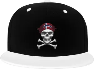 Skull Flag Norway Color-Block Flat Brim Snapback Cap for Men & Women, Adjustable Hip-Hop Hat White