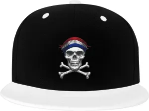Skull Flag Paraguay Color-Block Flat Brim Snapback Cap for Men & Women, Adjustable Hip-Hop Hat White