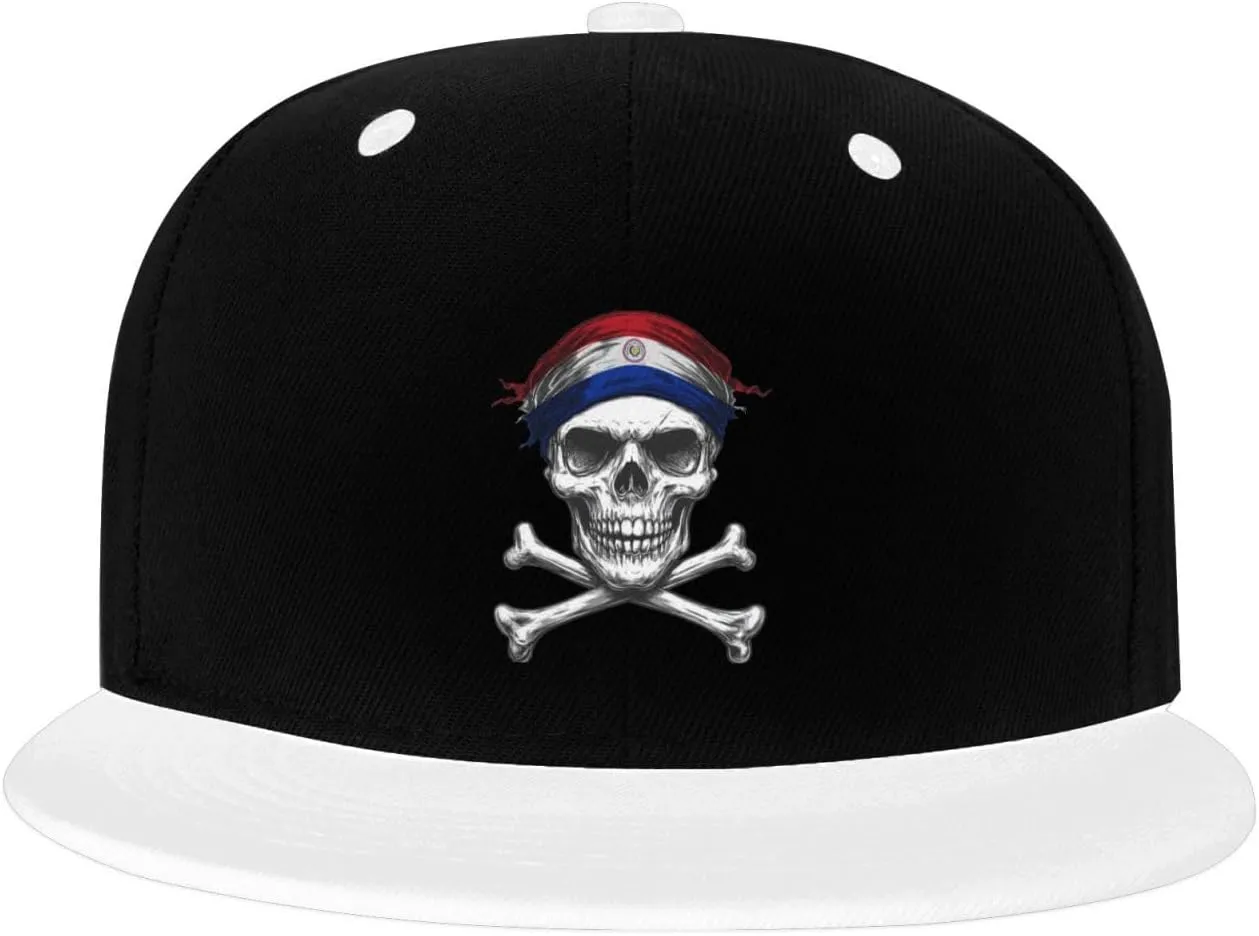 Skull Flag Paraguay Color-Block Flat Brim Snapback Cap for Men & Women, Adjustable Hip-Hop Hat White