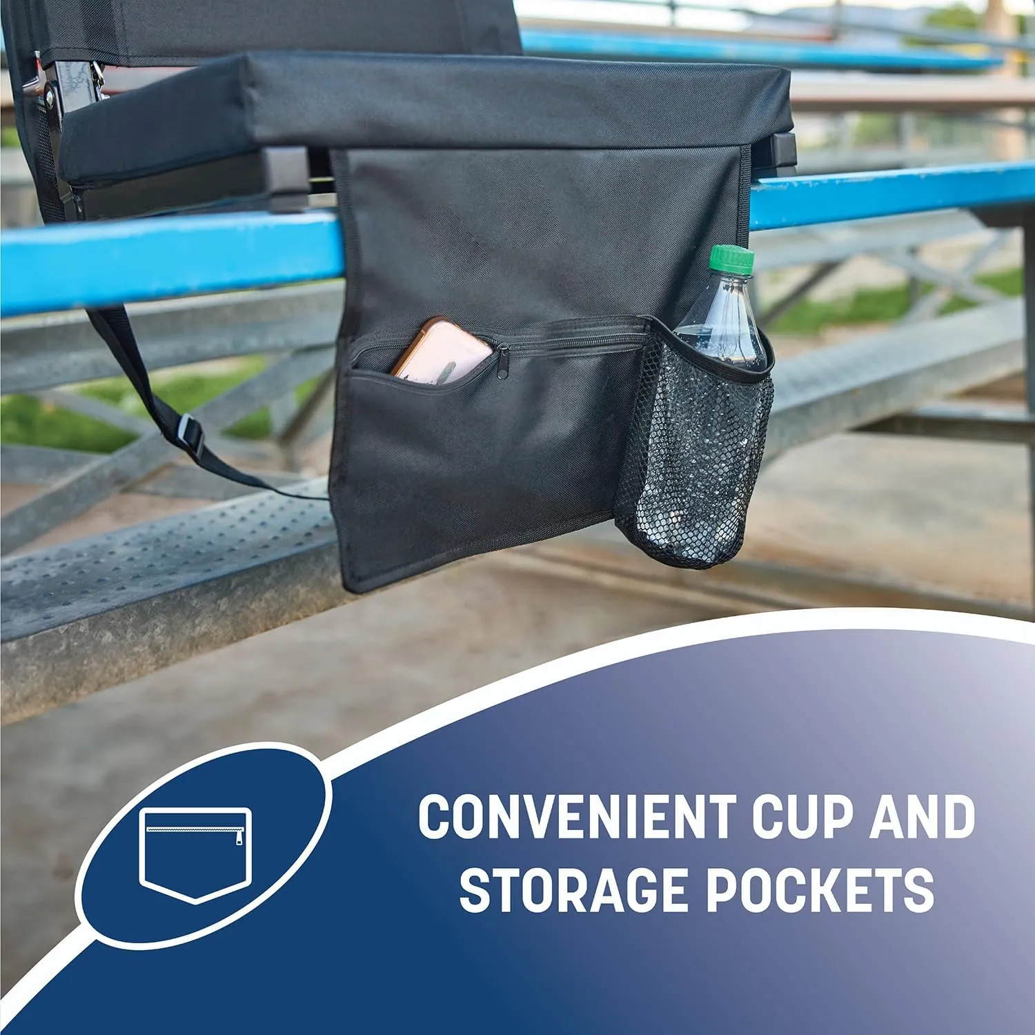 Skywalker Sports Foldable and Portable Stadium Seat, Cushion for Bleachers, Back Support, Drink Holder and Pocket, Carrying Strap, High Density Padding, Black, 2 Pack