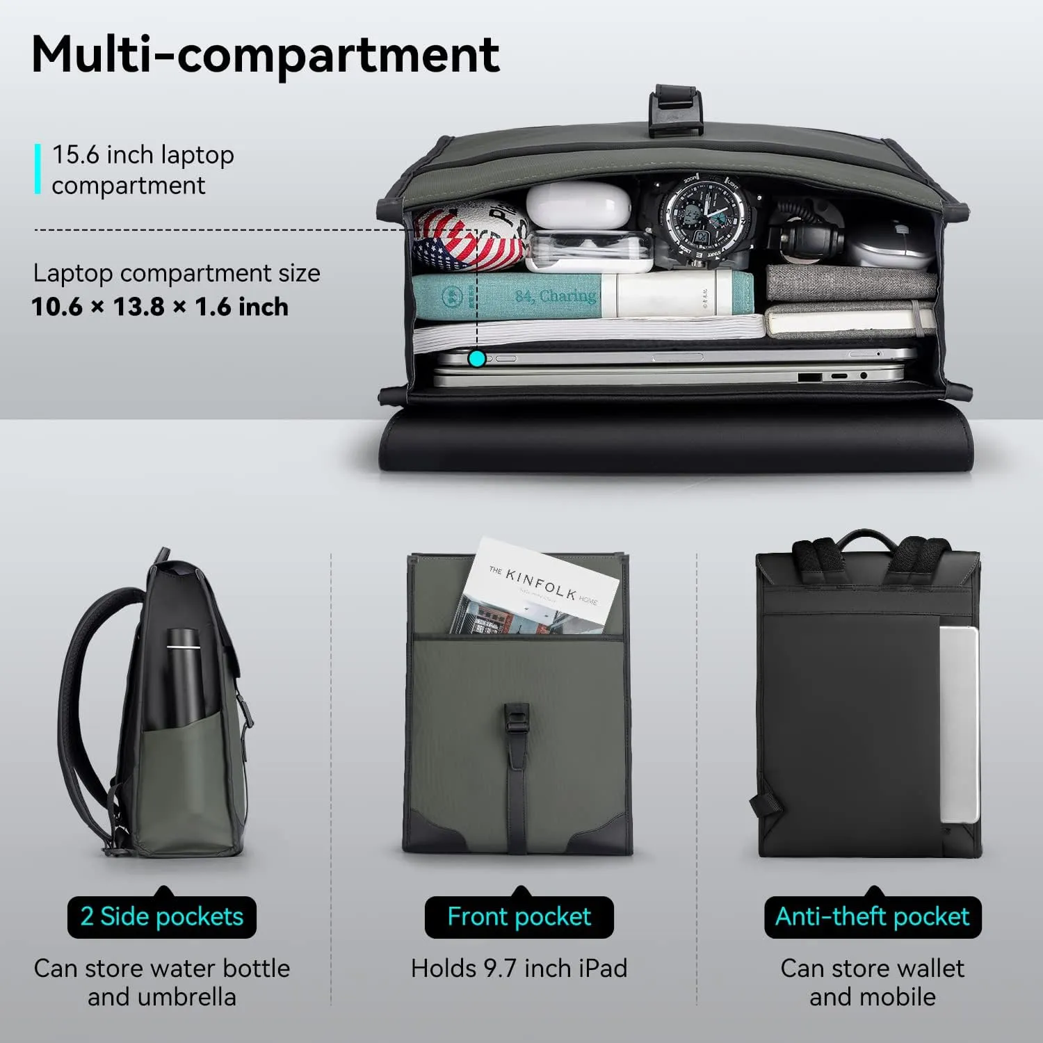 Slim Laptop Backpack for Men, 15.6 Inch Business Backpack with High Tech Magnetic Snap, Waterproof Fashion Casual Backpack Ideal for Working, Daily Life