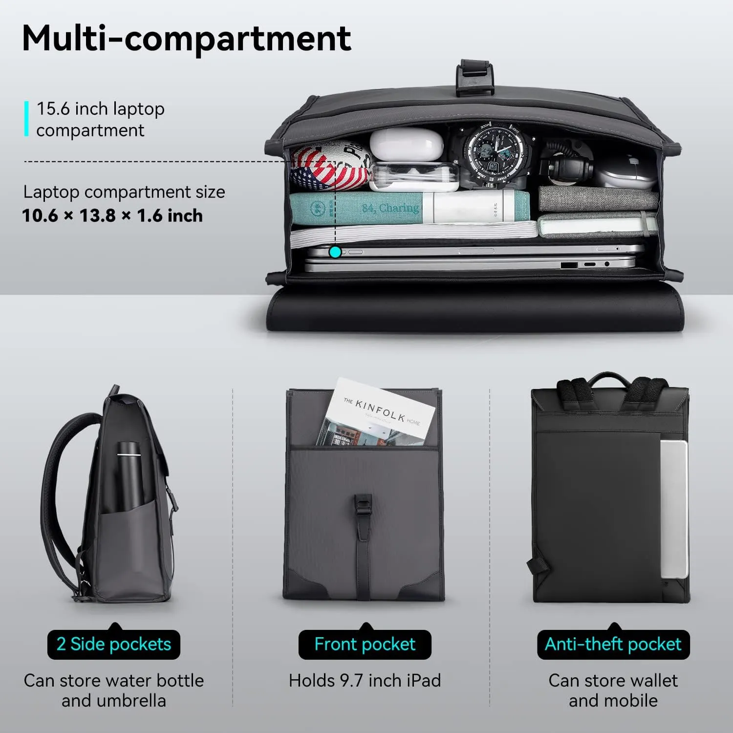 Slim Laptop Backpack for Men, 15.6 Inch Business Backpack with High Tech Magnetic Snap, Waterproof Fashion Casual Backpack Ideal for Working, Daily Life