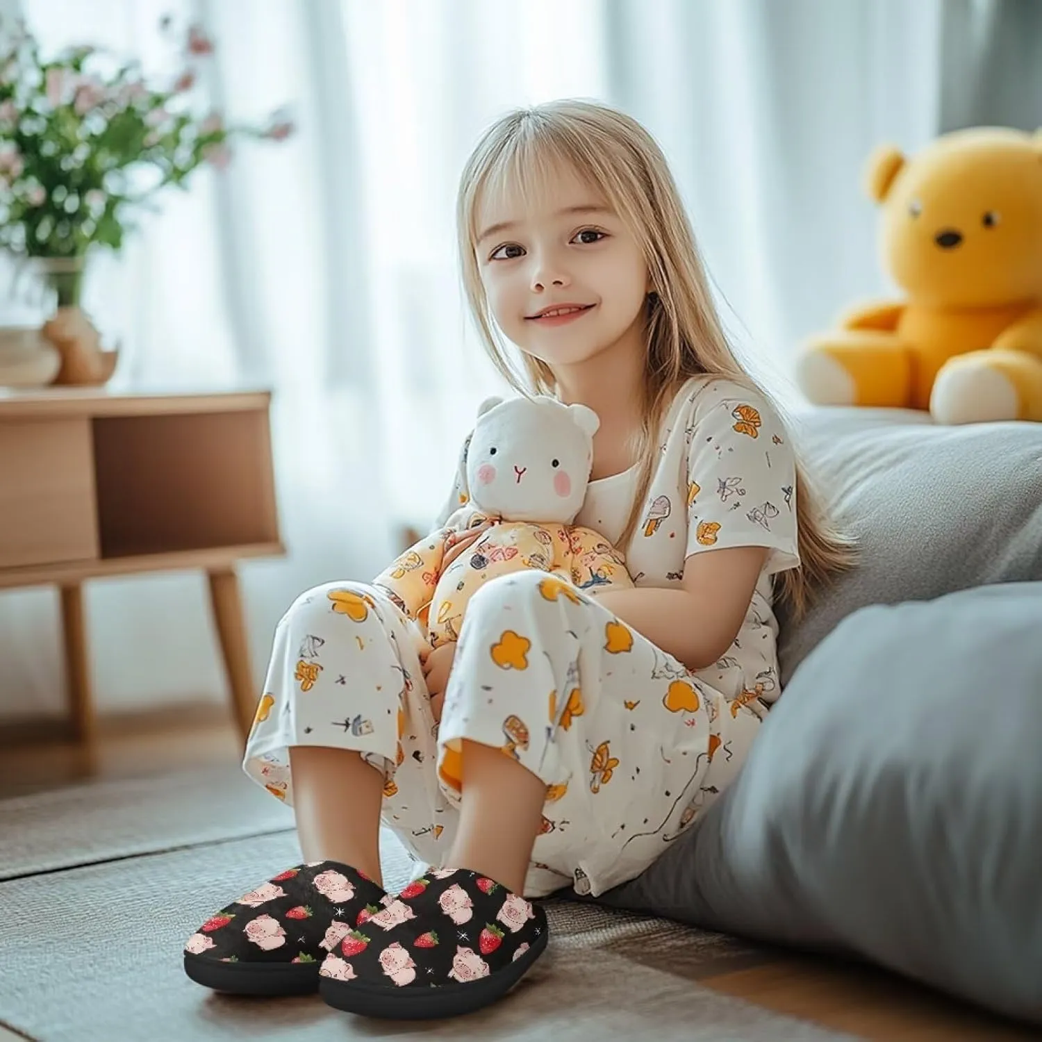 Slippers for Kids, Fluffy Slippers for Winter, Closed Toe Scuff Slippers with Non-Slip Rubber Sole
