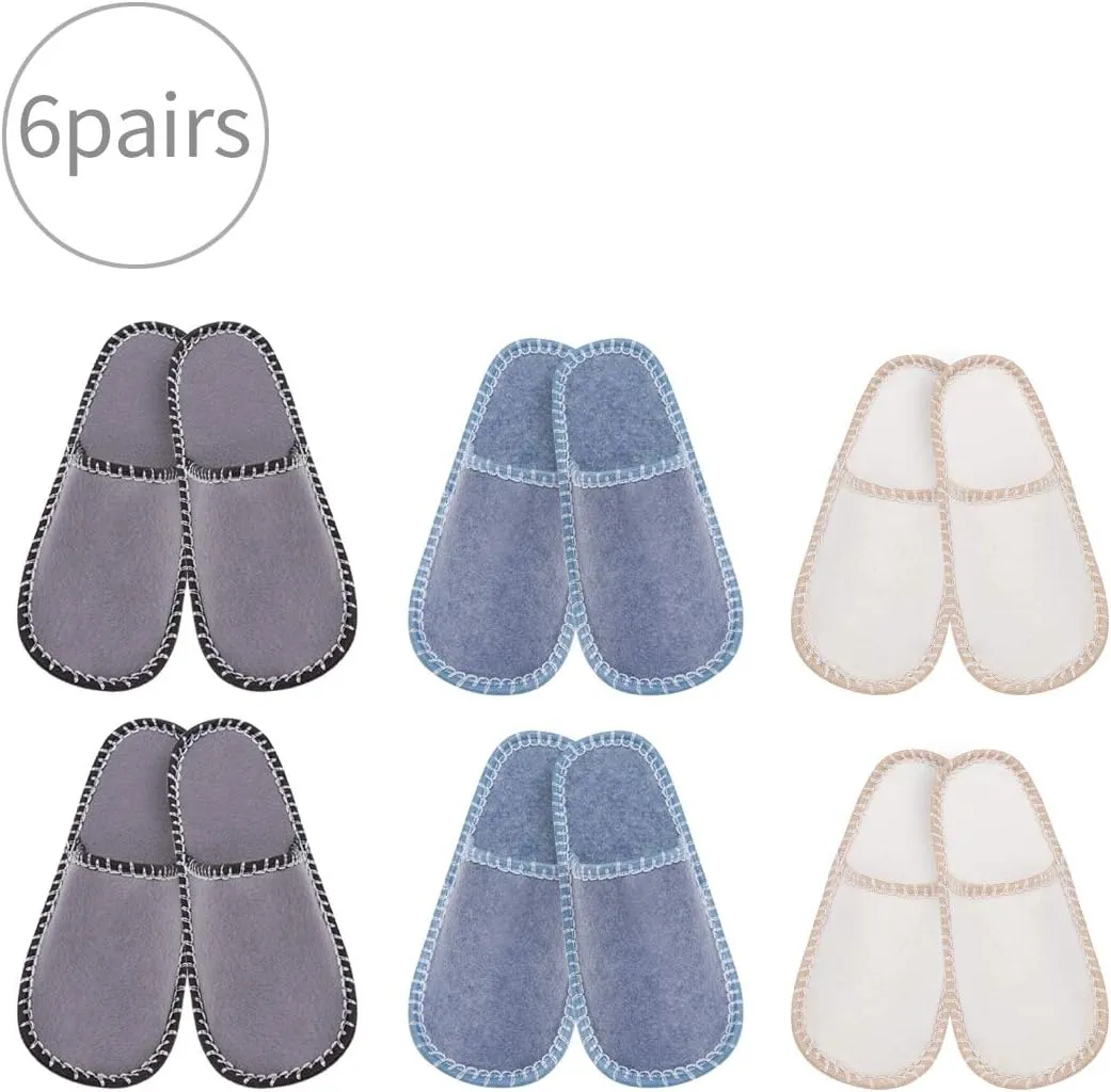 SLIPPERTREND Fleece Felt Close Toe 6 Pairs For Friends Non Slip Indoor Family House Guest Slippers Set for Shoeless Home
