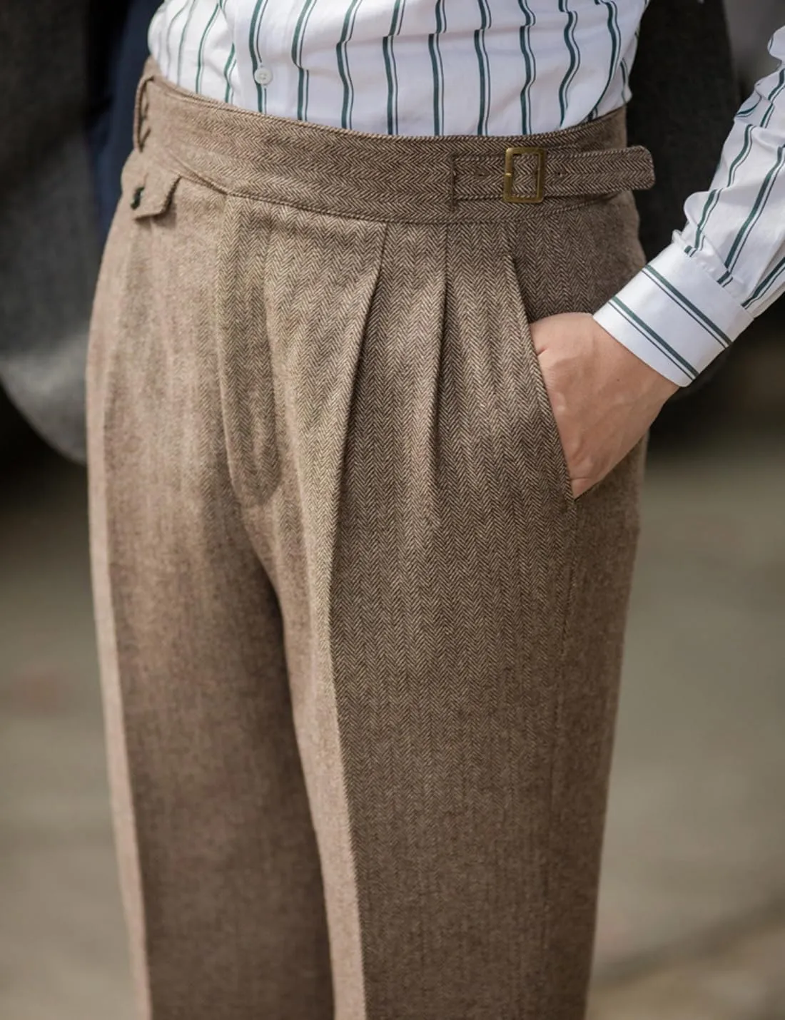 Snoly Men's Winter Retro Woolen Gurkha Pant Straight Flat Front Chino High Waist Tapered Leg Rolled Pants,Two Styles