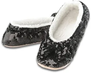 Snoozies Sequin Slippers for Women Indoor with Sherpa Lining, Womens Slipper Socks with Grips