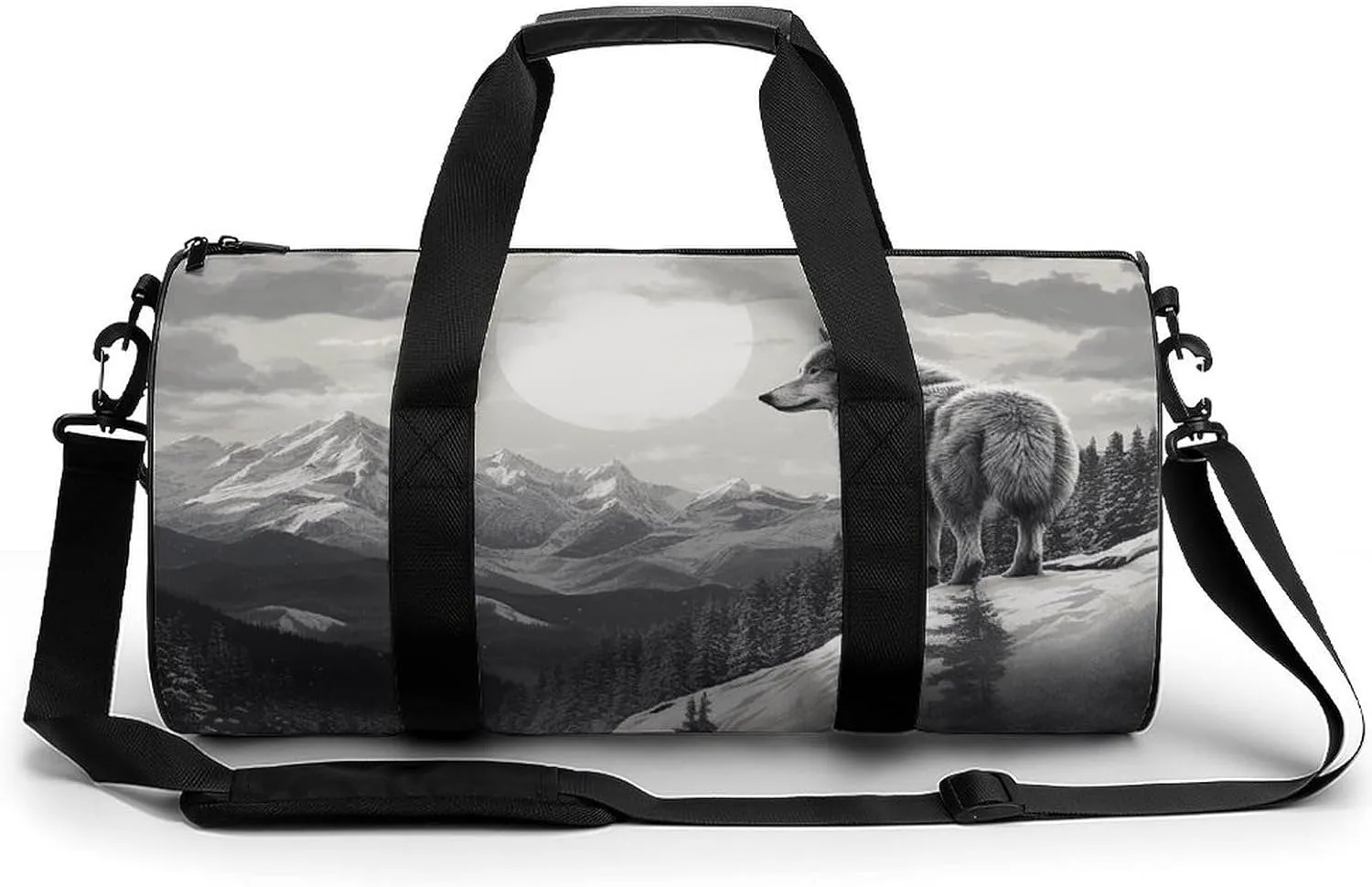 Snow Mountain Lone Wolf Cylindrical Gym Bag Travel Duffel Bag with Dry Wet Separated Pocket for Men And Women Overnight Bag Weekender Bag Training Handbag Yoga Bag