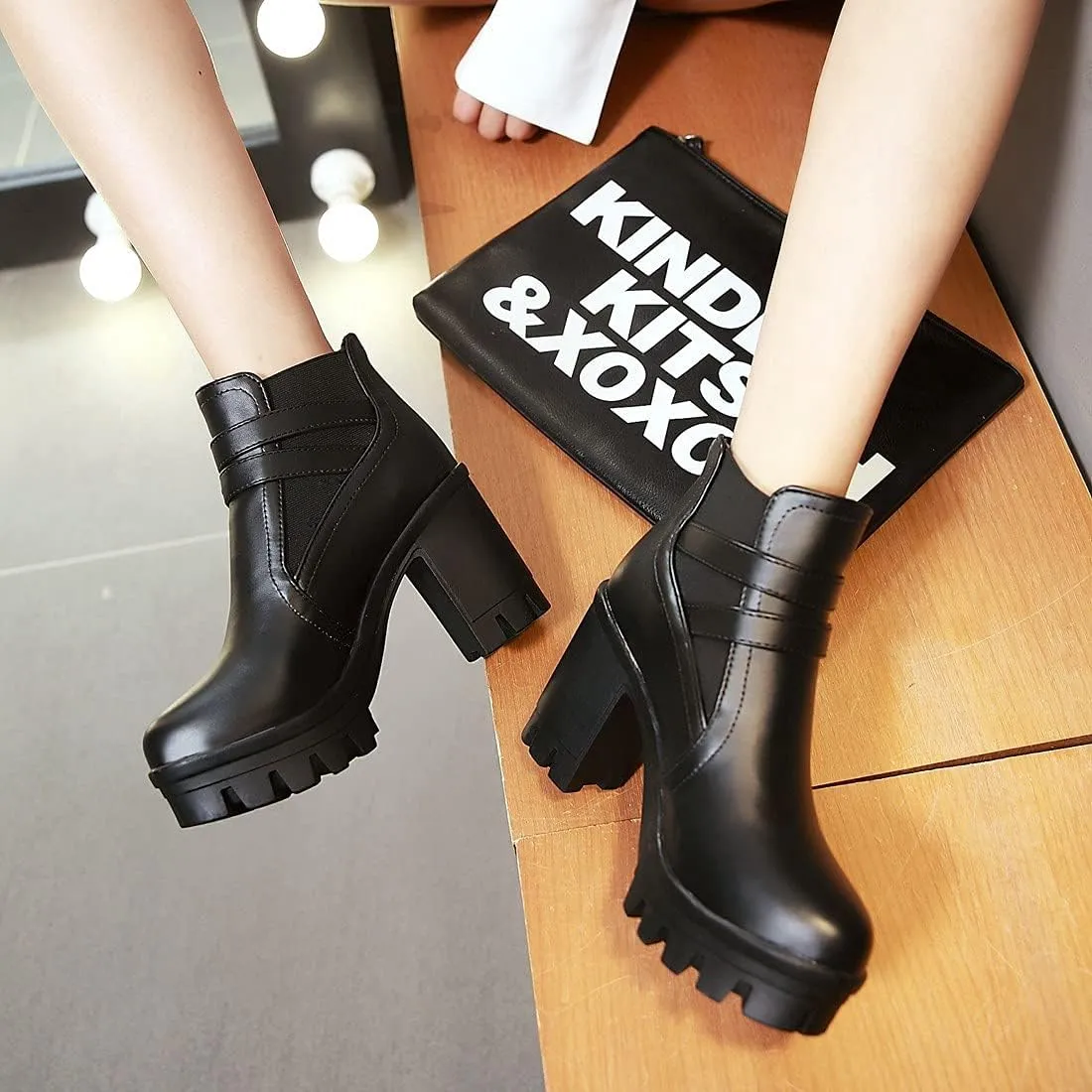 SO SIMPOK Womens Fashion Lace Up Chunky Heel Goth Platform Ankle Boots Zipper Round Toe Punk Motorcycle Combat Riding Boots