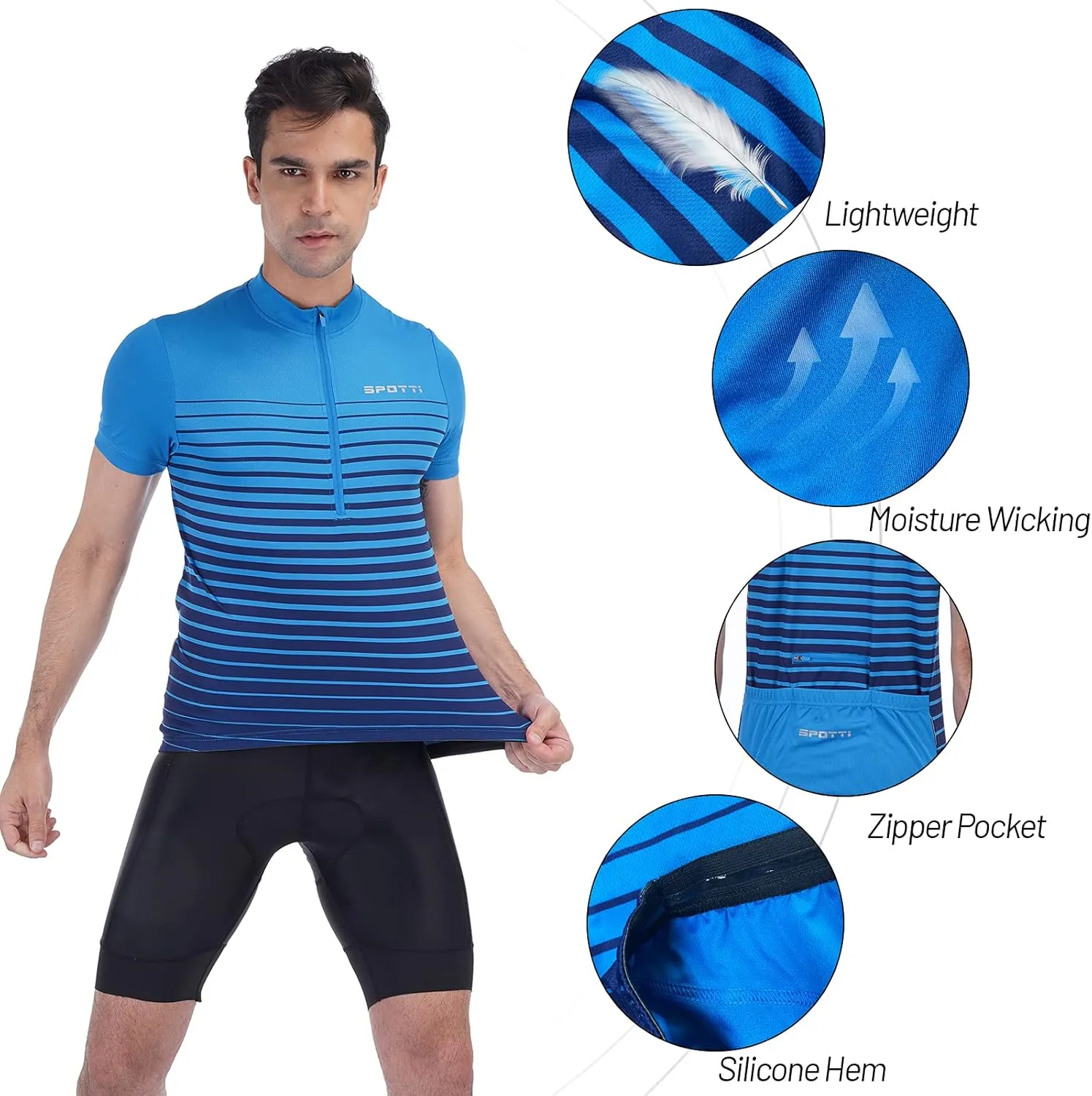Spotti Men's Cycling Bike Jersey Short Sleeve with 3 Rear Pockets- Moisture Wicking, Breathable, Quick Dry Biking Shirt