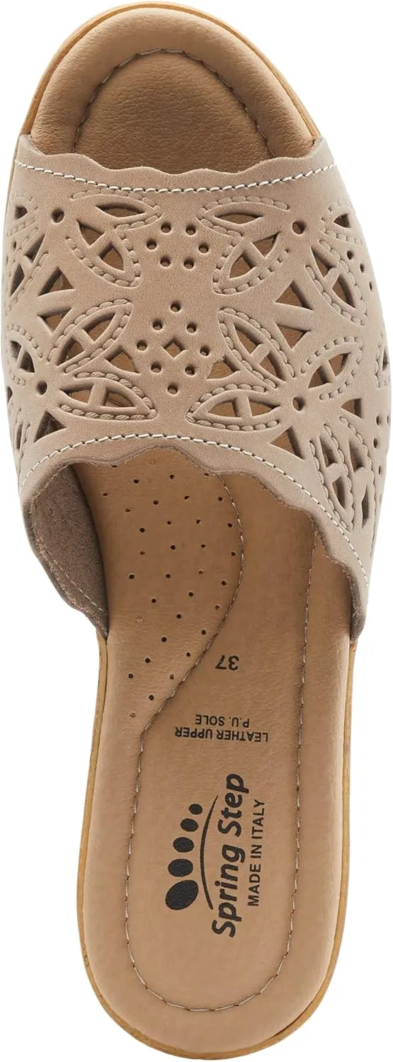 Spring Step Estella Women's Fashion Wedge Slide Sandals – Casual Leather Heel with Geometric Laser-Cut Detailing