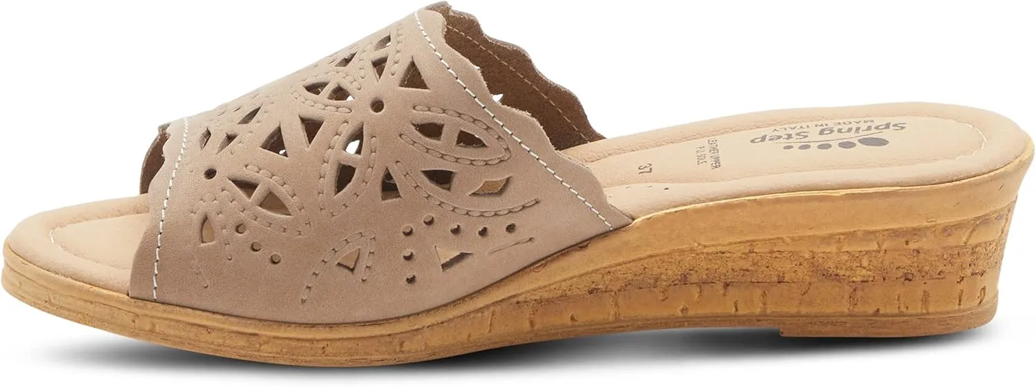 Spring Step Estella Women's Fashion Wedge Slide Sandals – Casual Leather Heel with Geometric Laser-Cut Detailing