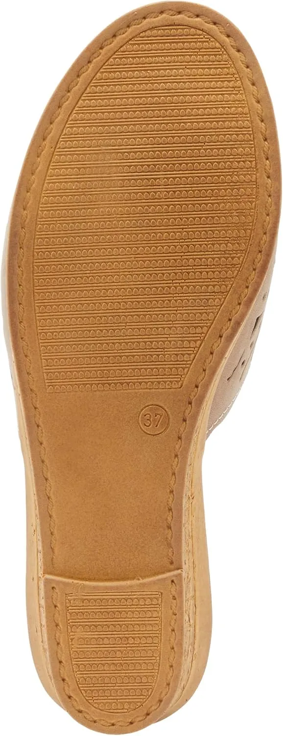 Spring Step Estella Women's Fashion Wedge Slide Sandals – Casual Leather Heel with Geometric Laser-Cut Detailing