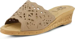Spring Step Estella Women's Fashion Wedge Slide Sandals – Casual Leather Heel with Geometric Laser-Cut Detailing