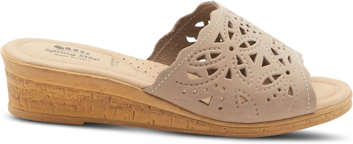 Spring Step Estella Women's Fashion Wedge Slide Sandals – Casual Leather Heel with Geometric Laser-Cut Detailing