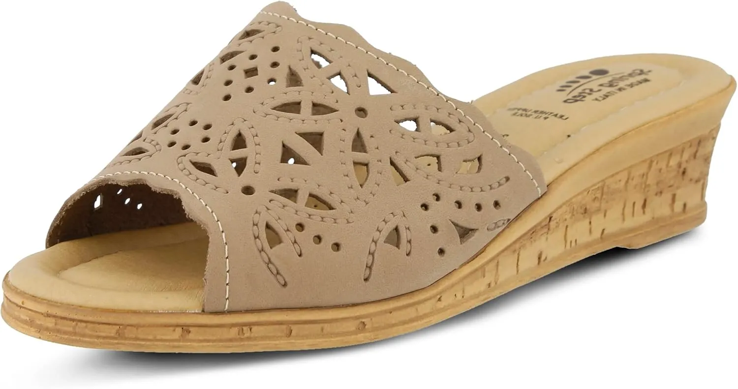 Spring Step Estella Women's Fashion Wedge Slide Sandals – Casual Leather Heel with Geometric Laser-Cut Detailing