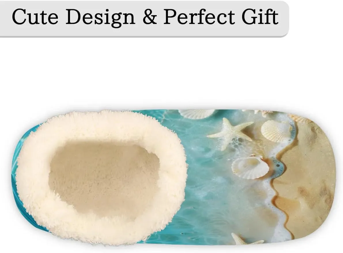 Starfish Seashell House Slippers for Women Men, Beach Ocean Fuzzy Soft Cozy Non Slip Slipper Socks