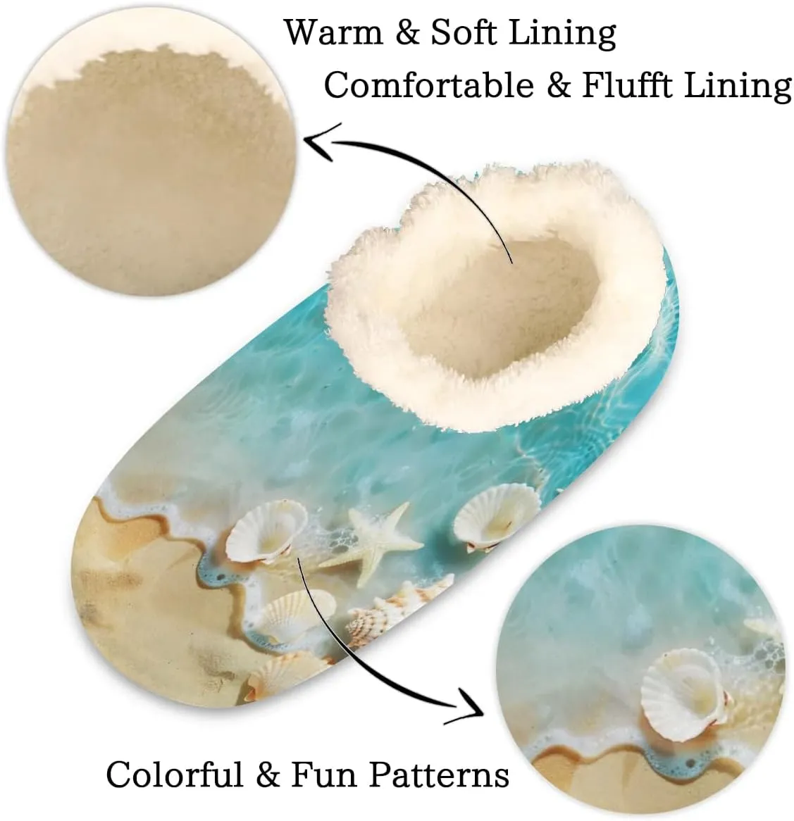 Starfish Seashell House Slippers for Women Men, Beach Ocean Fuzzy Soft Cozy Non Slip Slipper Socks