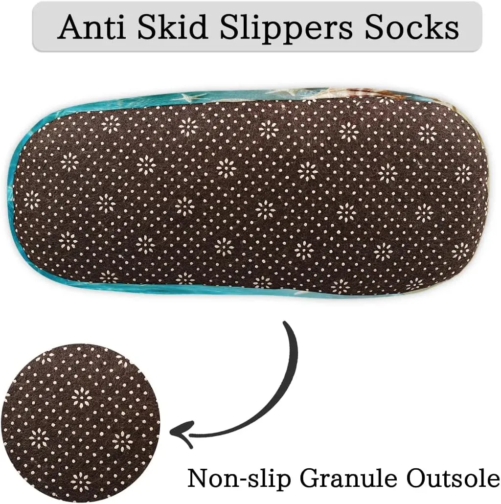 Starfish Seashell House Slippers for Women Men, Beach Ocean Fuzzy Soft Cozy Non Slip Slipper Socks