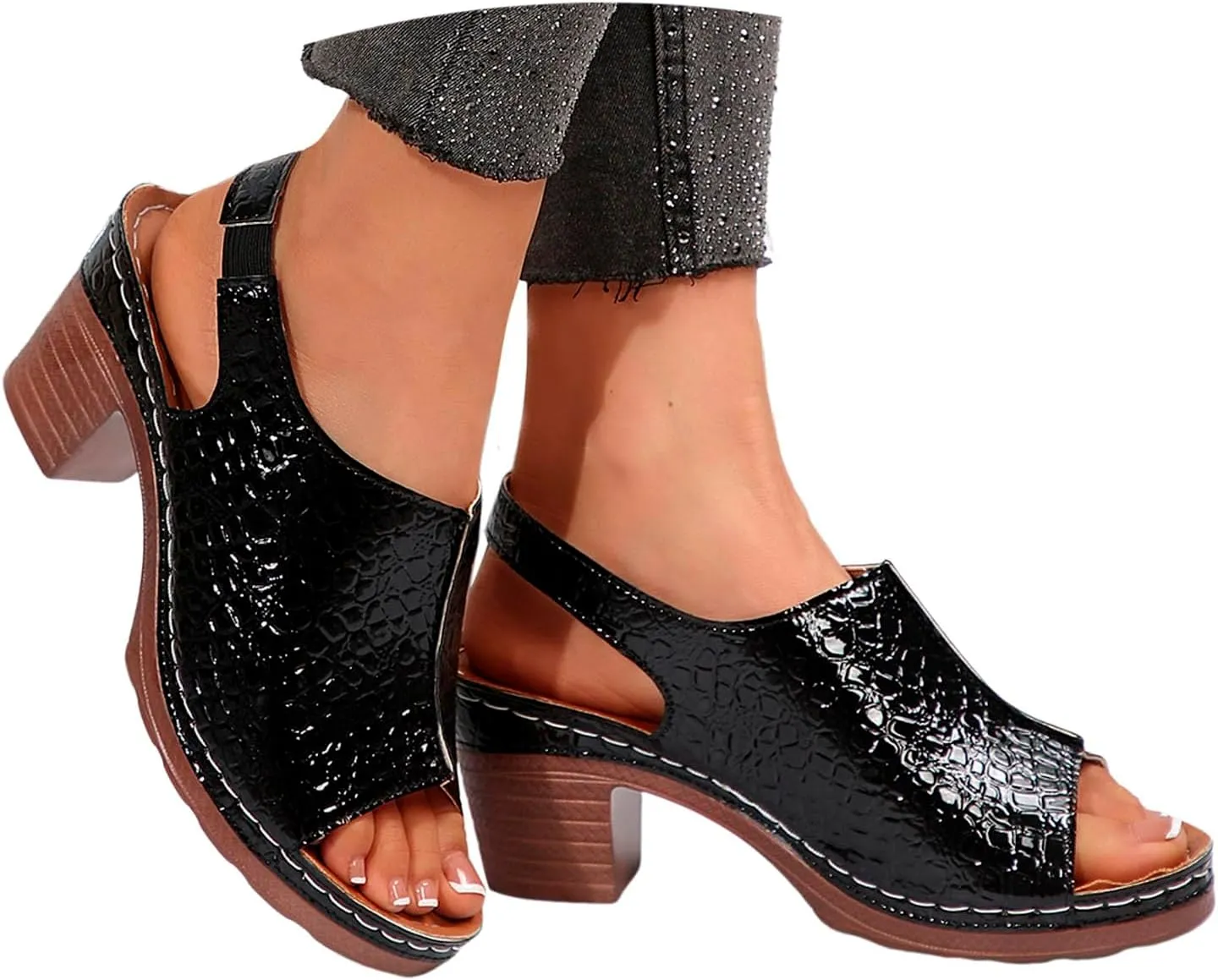 Summer Beach Sandals For Women 2025 Buckle Strap Cutout Glitter Shoes Peep Toe Chunky Block Heel Bright Color Party Sandal