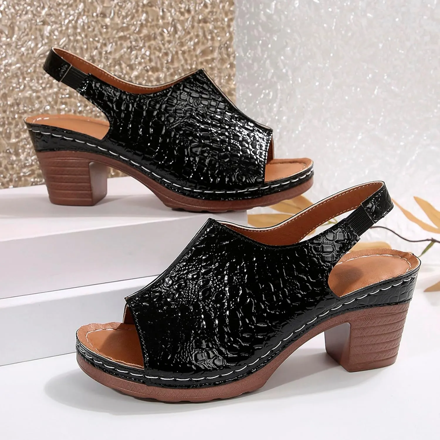 Summer Beach Sandals For Women 2025 Buckle Strap Cutout Glitter Shoes Peep Toe Chunky Block Heel Bright Color Party Sandal