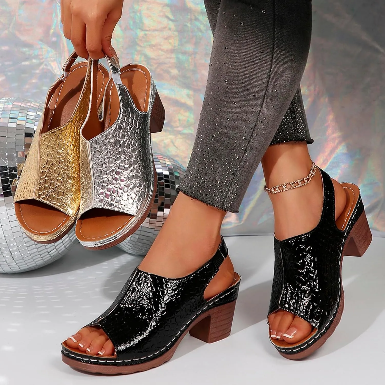Summer Beach Sandals For Women 2025 Buckle Strap Cutout Glitter Shoes Peep Toe Chunky Block Heel Bright Color Party Sandal
