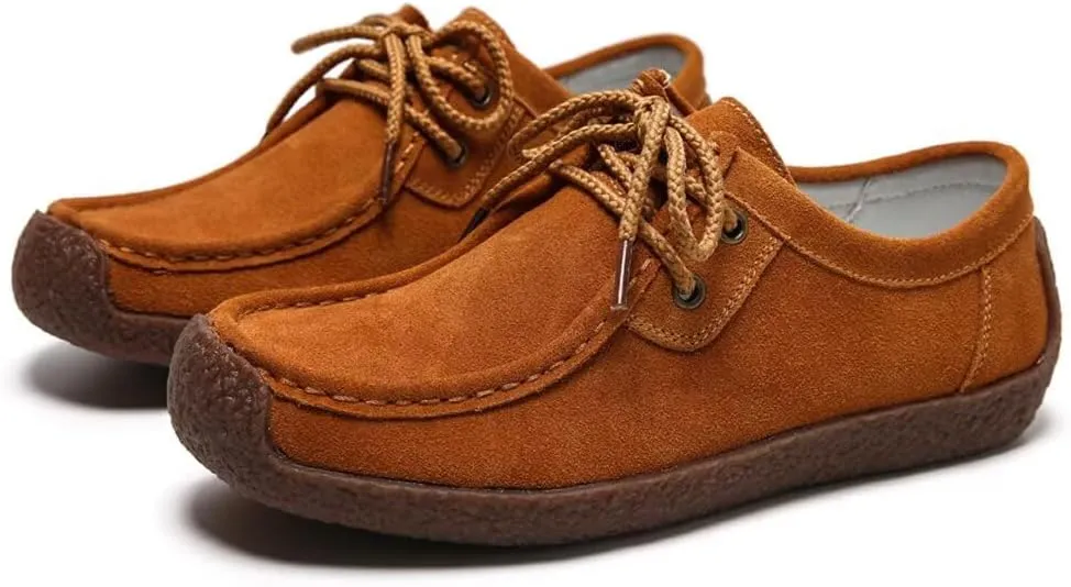 Sunporx Women's Lace-up Moccasin Lefse Shoes Driving Leather Oxford Shoe Non-Slip Comfortable Flat Bottom Walking Shoes