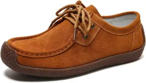 Sunporx Women's Lace-up Moccasin Lefse Shoes Driving Leather Oxford Shoe Non-Slip Comfortable Flat Bottom Walking Shoes
