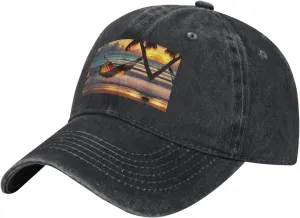 Sunset Beach Hammock Print Mesh Baseball Cap - Adult Washed Denim Hat, Unisex Dad Hats with Flat Bill, Adjustable Black