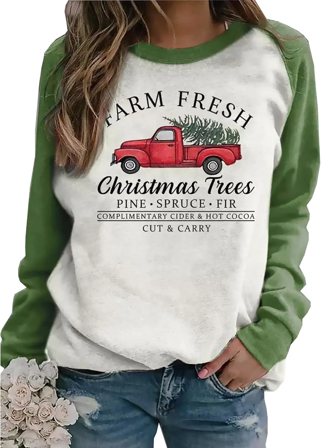 Susongeth Farm Fresh Christmas Trees Baseball Sweatshirt for Women Merry Christmas Splicing Plaid Raglan Pullover Shirts