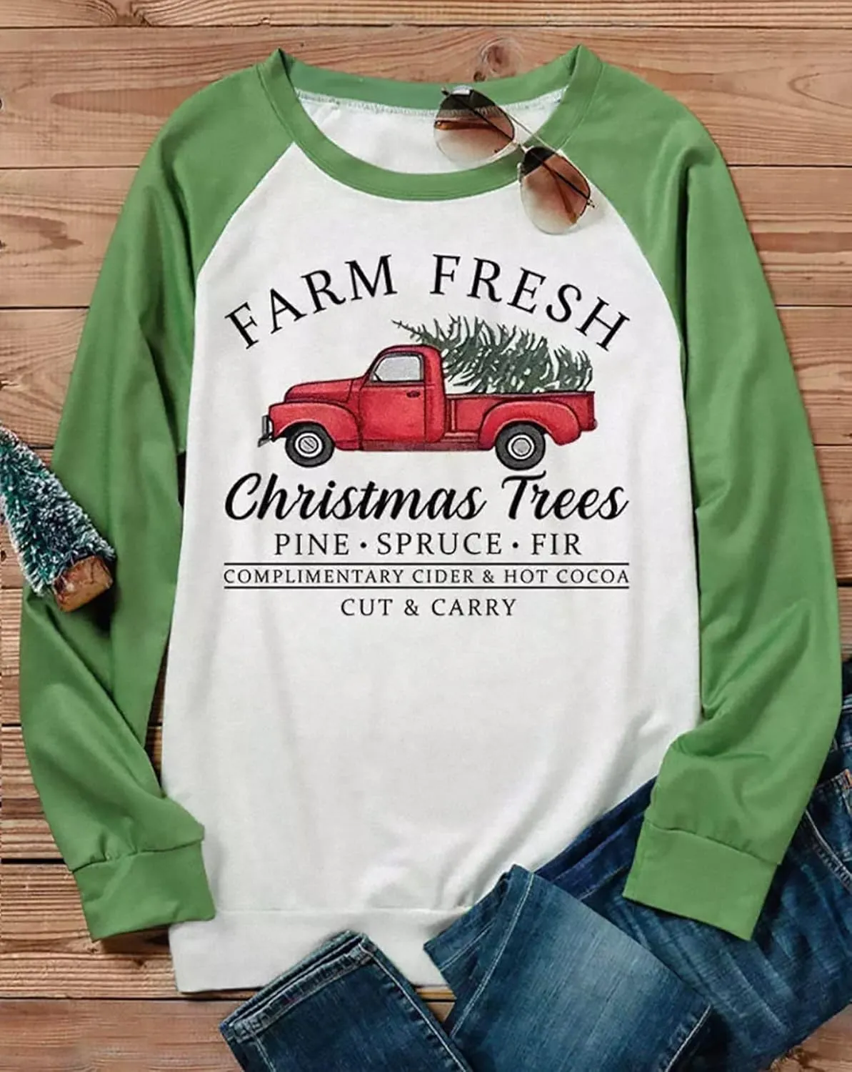 Susongeth Farm Fresh Christmas Trees Baseball Sweatshirt for Women Merry Christmas Splicing Plaid Raglan Pullover Shirts