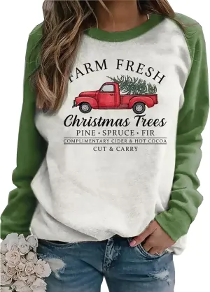Susongeth Farm Fresh Christmas Trees Baseball Sweatshirt for Women Merry Christmas Splicing Plaid Raglan Pullover Shirts