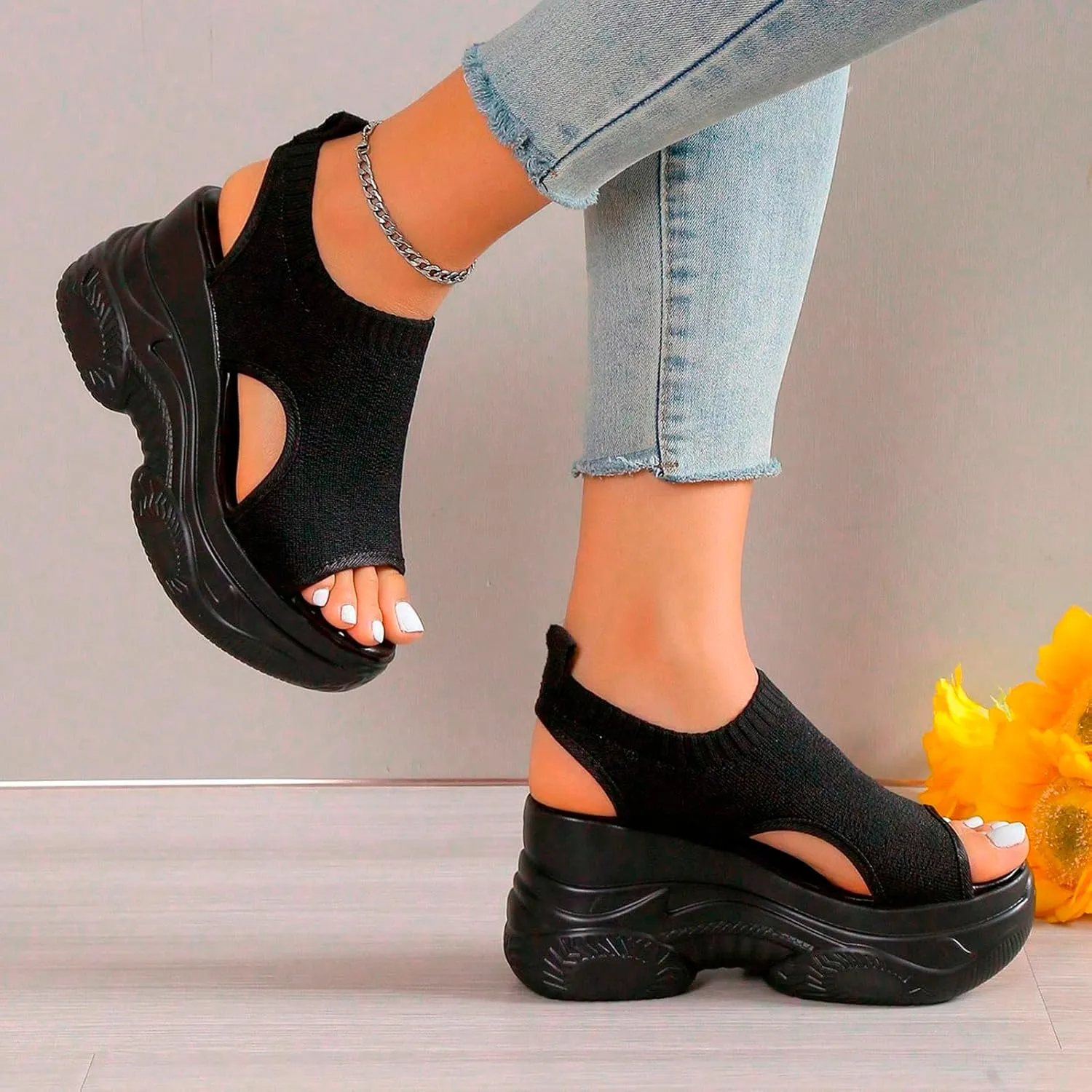 Thick Soled Sandals For Women Summer Mesh Breathable Fish Mouth Sloping Heel Sandals For Sports And Hiking Necessities