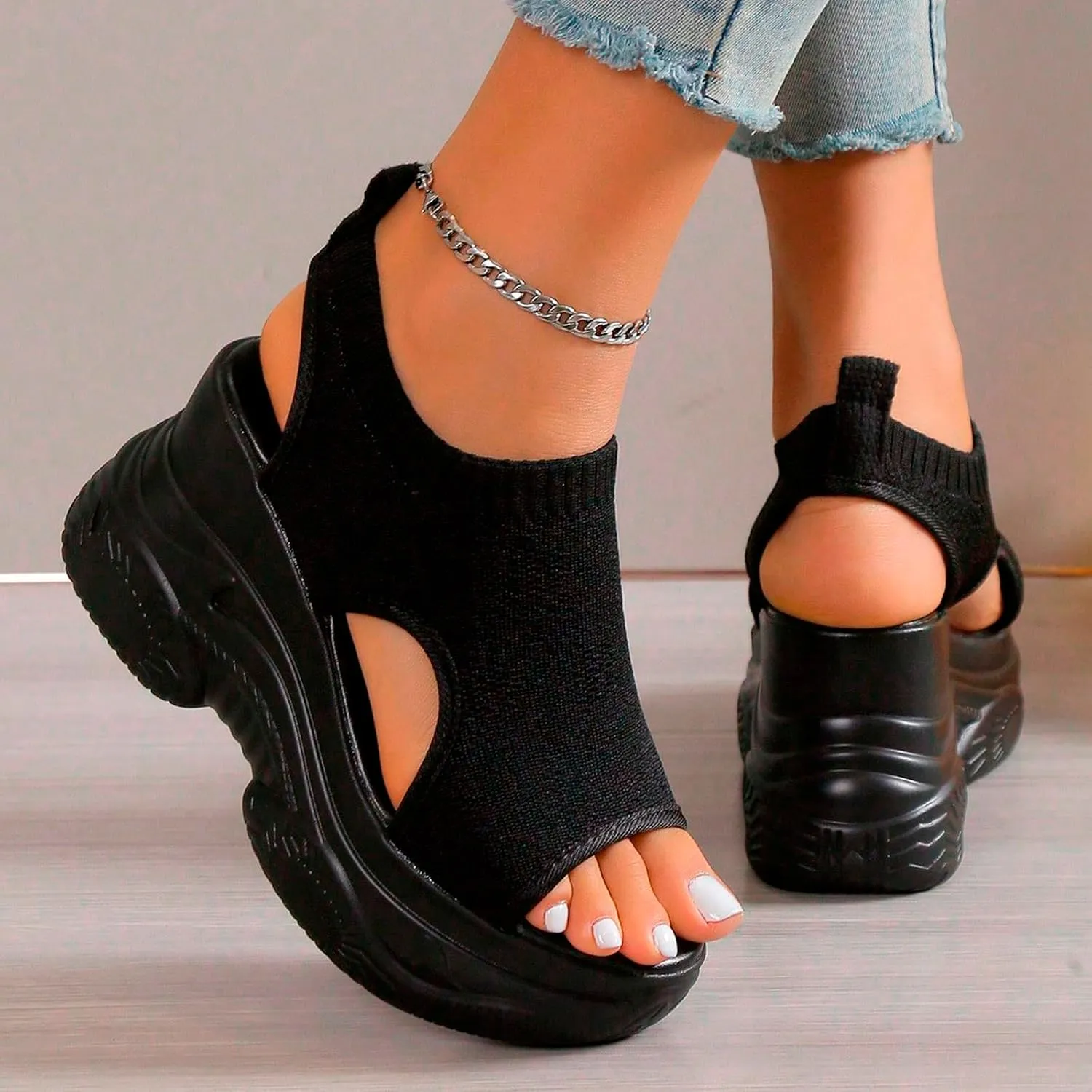 Thick Soled Sandals For Women Summer Mesh Breathable Fish Mouth Sloping Heel Sandals For Sports And Hiking Necessities