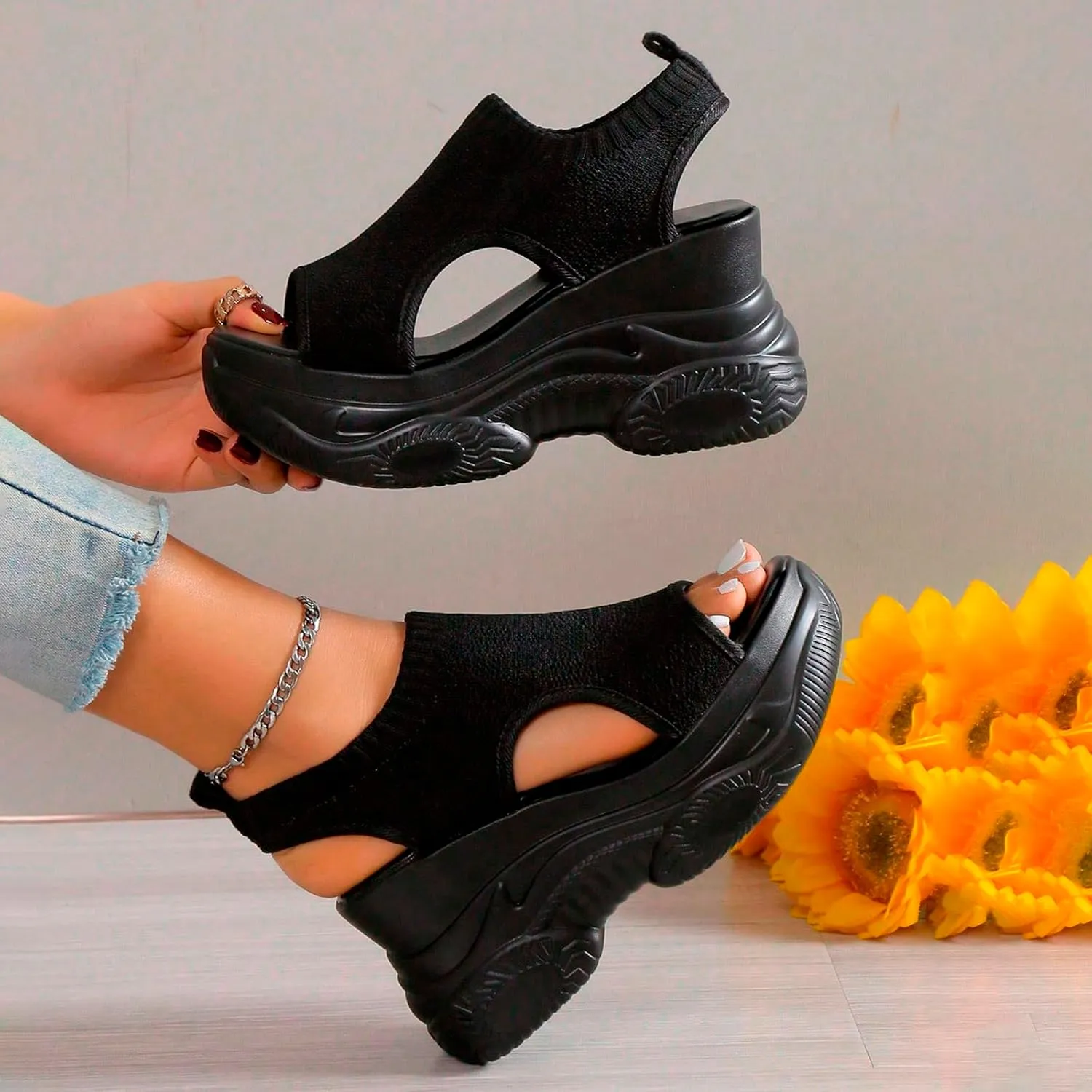 Thick Soled Sandals For Women Summer Mesh Breathable Fish Mouth Sloping Heel Sandals For Sports And Hiking Necessities