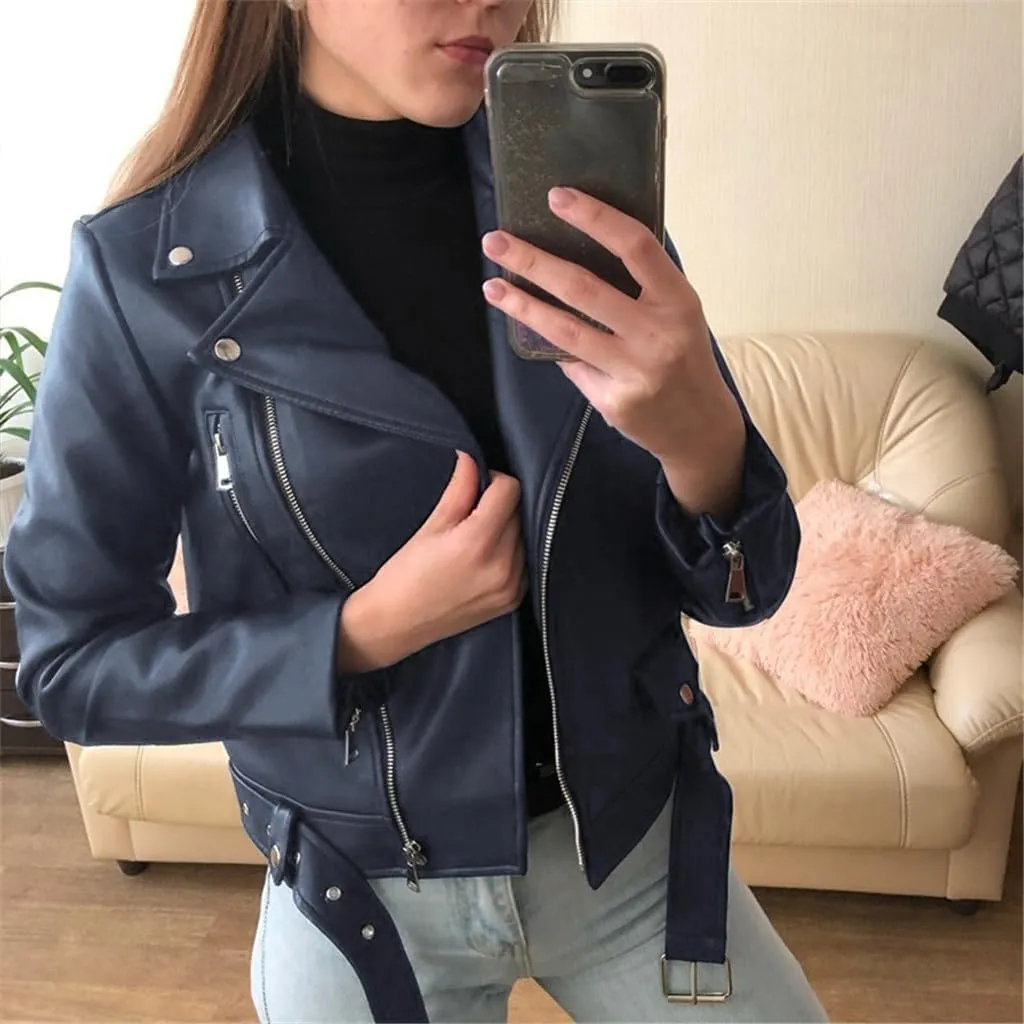 Things 2024 Women Christmas 2024 Women Cool Faux Leather Long Sleeve Zipper Fitted Coat Fall Short