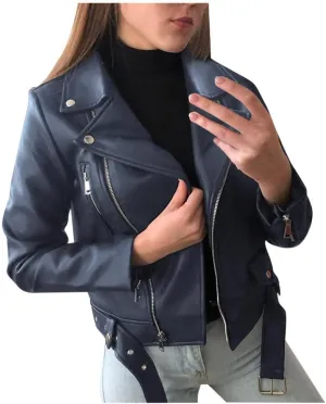 Things 2024 Women Christmas 2024 Women Cool Faux Leather Long Sleeve Zipper Fitted Coat Fall Short