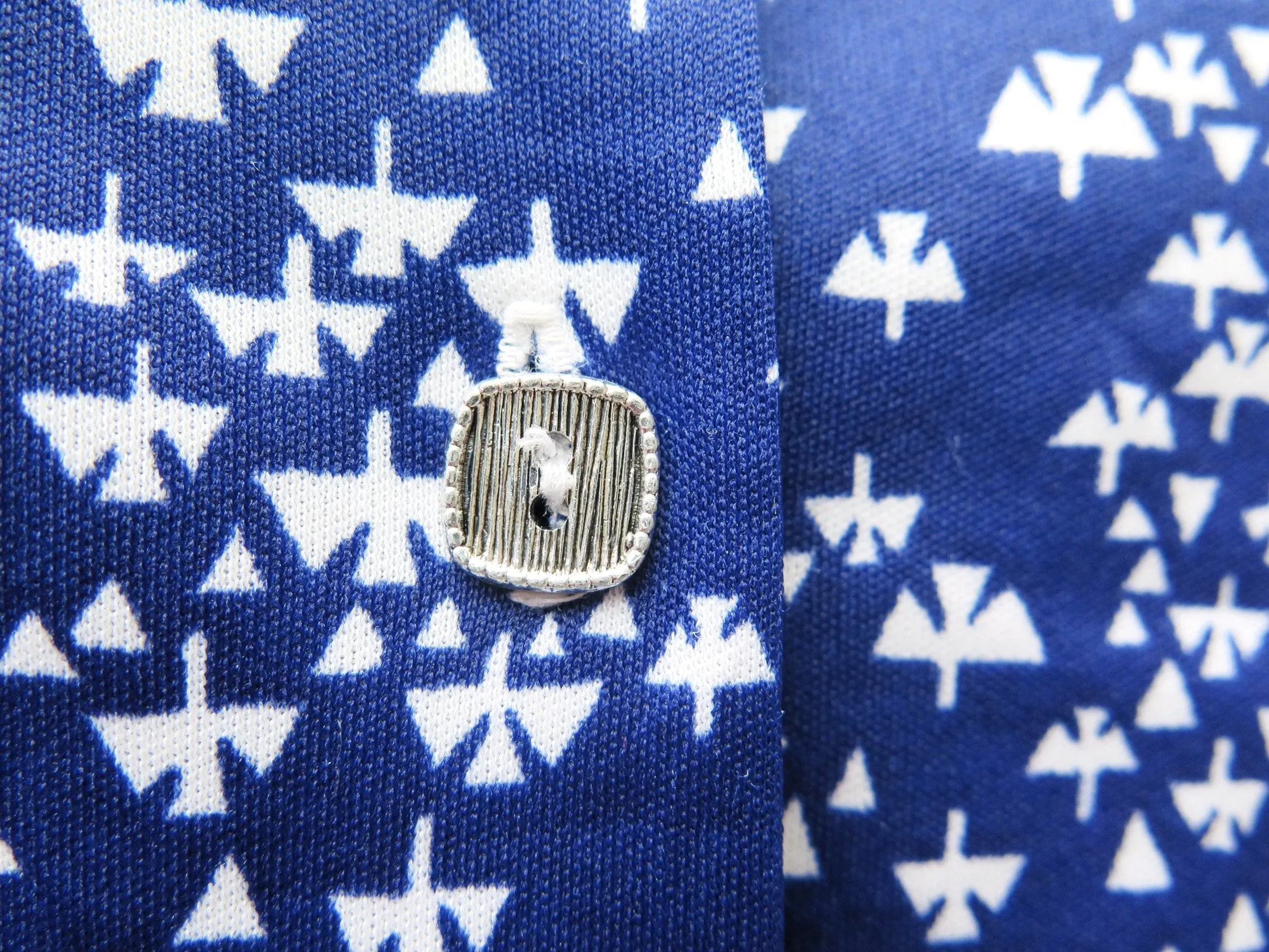 Three's a lucky no. | Vintage 1950s 1960s exaggerated collar Long-sleeve Dark blue and white pinwheel print Shirt