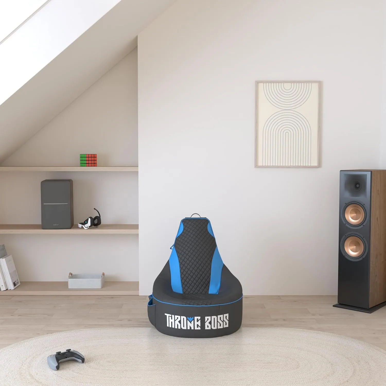 Throne Boss Gaming Bean Bag Chair for Kids [Cover ONLY No Filling] - High Back Beanbag for Boys, Girls, and Gamers with Cup Holder (Black/Blue)