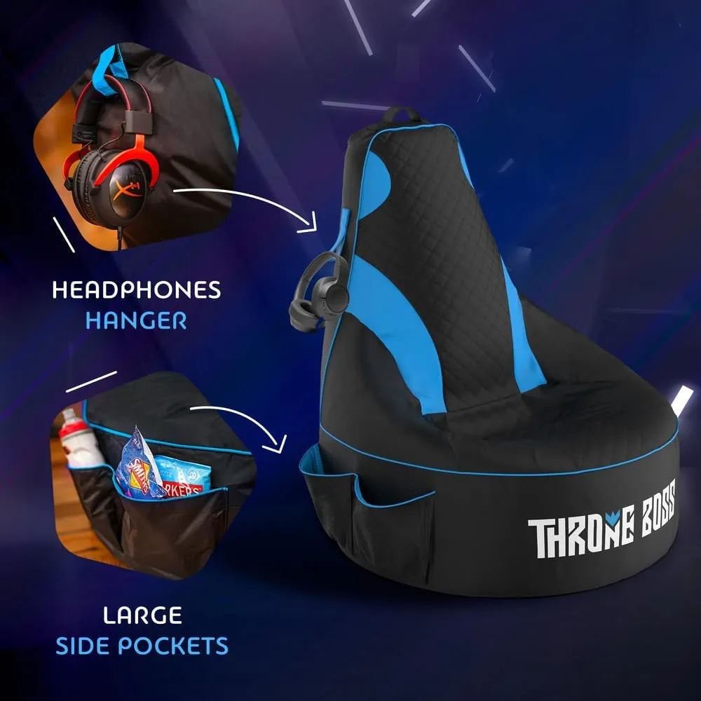 Throne Boss Gaming Bean Bag Chair for Kids [Cover ONLY No Filling] - High Back Beanbag for Boys, Girls, and Gamers with Cup Holder (Black/Blue)