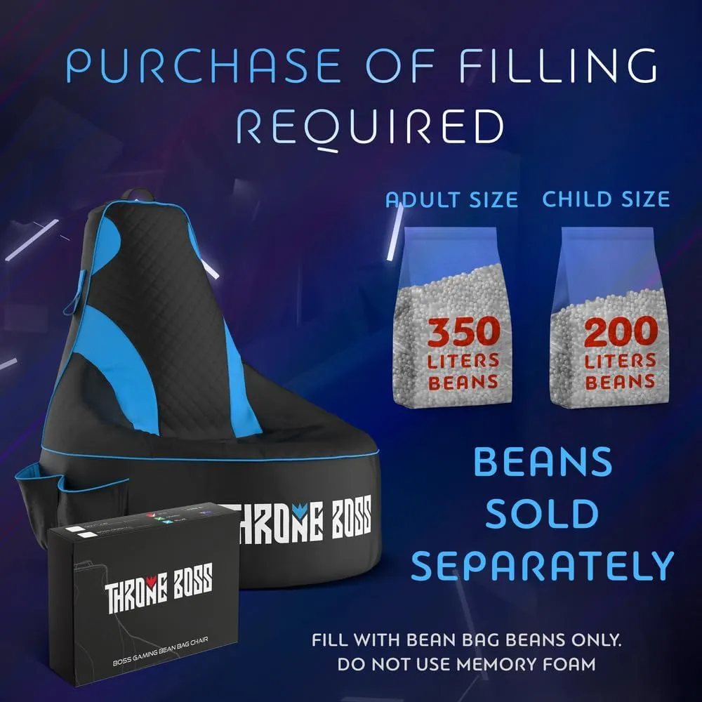 Throne Boss Gaming Bean Bag Chair for Kids [Cover ONLY No Filling] - High Back Beanbag for Boys, Girls, and Gamers with Cup Holder (Black/Blue)