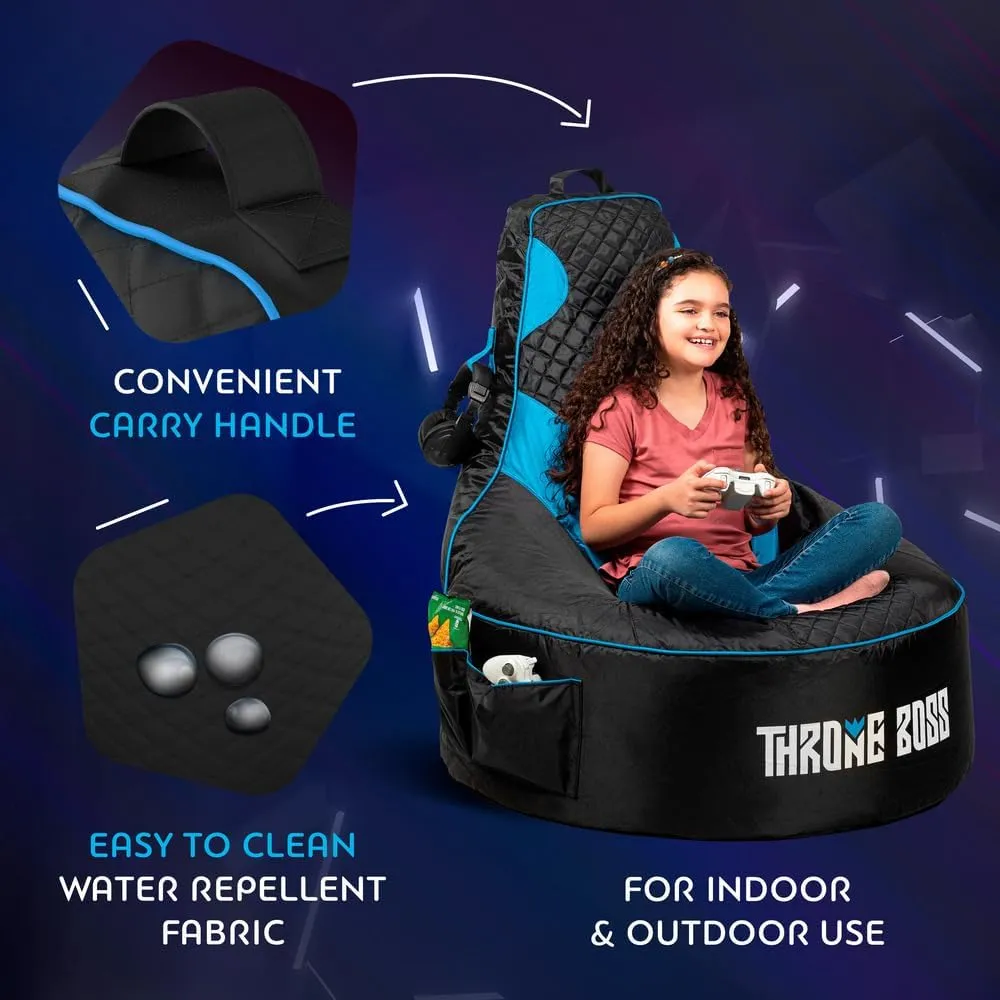 Throne Boss Gaming Bean Bag Chair for Kids [Cover ONLY No Filling] - High Back Beanbag for Boys, Girls, and Gamers with Cup Holder (Black/Blue)